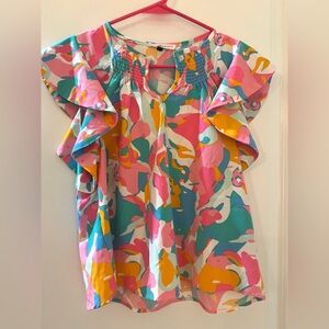 Colorful Ruffle Sleeve Smocked Neck Blouse - Multicolor